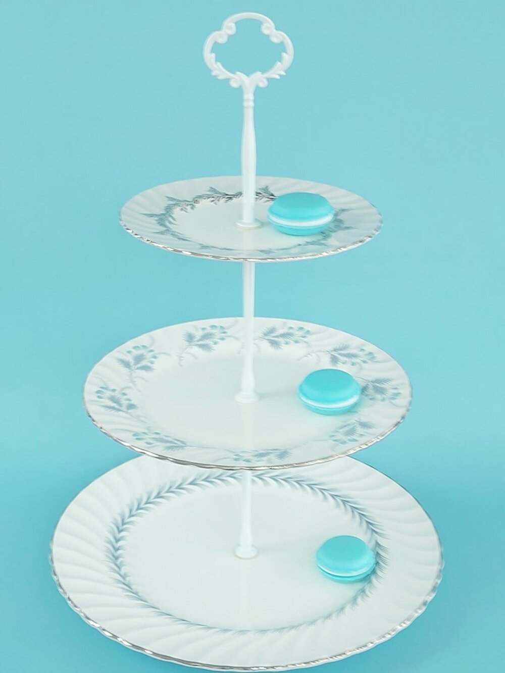 3 Tiered Cupcake Stand Vintage Bone China Gray Silver Dessert Tray